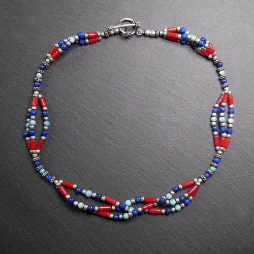 Lapis Lazuli Kette mit Koralle, Türkis und Silber